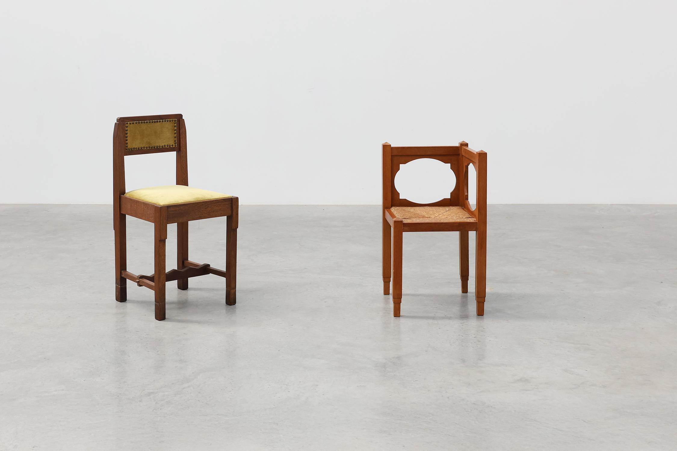 Art Deco Oak Corner Chair with Cut‑Out Backrest and Rush Seat, Belgium, circa 1920thumbnail